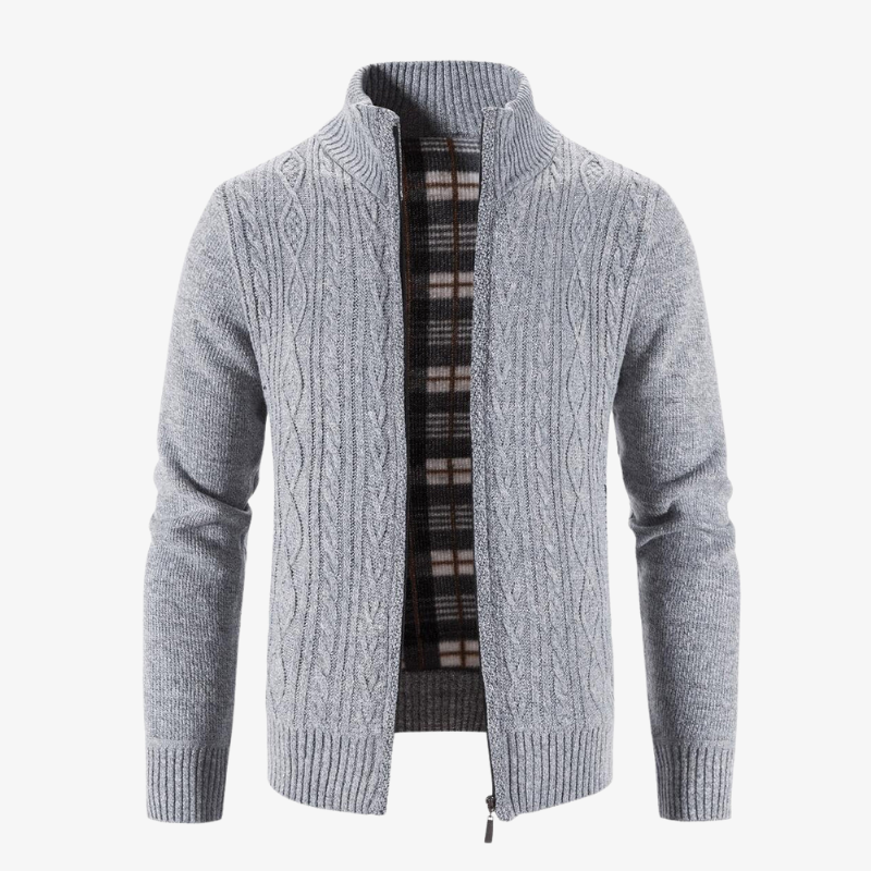 Bamberg Zopfstrick-Jacke mit Reißverschluss und Karo-Innenfutter